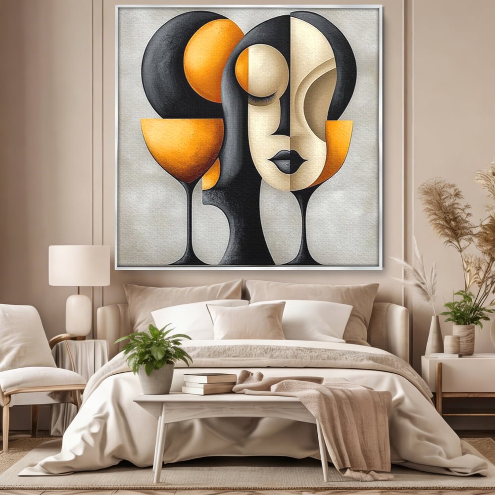 Tablou canvas cu tablou canvas cu portret cubist si pahare, in rama de aluminiu argintiu, pe perete intr-un dormitor